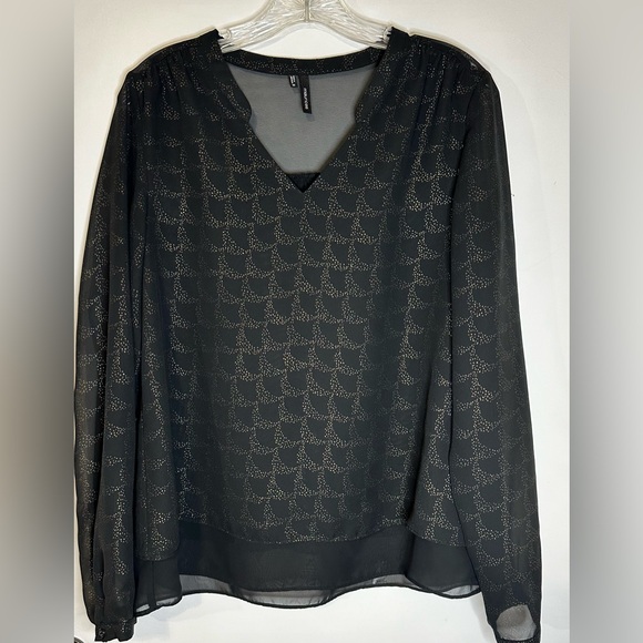 Maurice’s Double Layered Black W/gold Design Long Sleeve Sheer V-neck Blouse Med - Picture 7 of 10